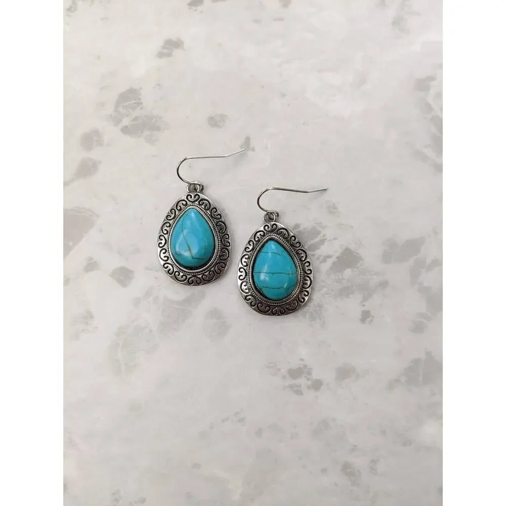 Silver tone and faux turquoise fish hook earrings